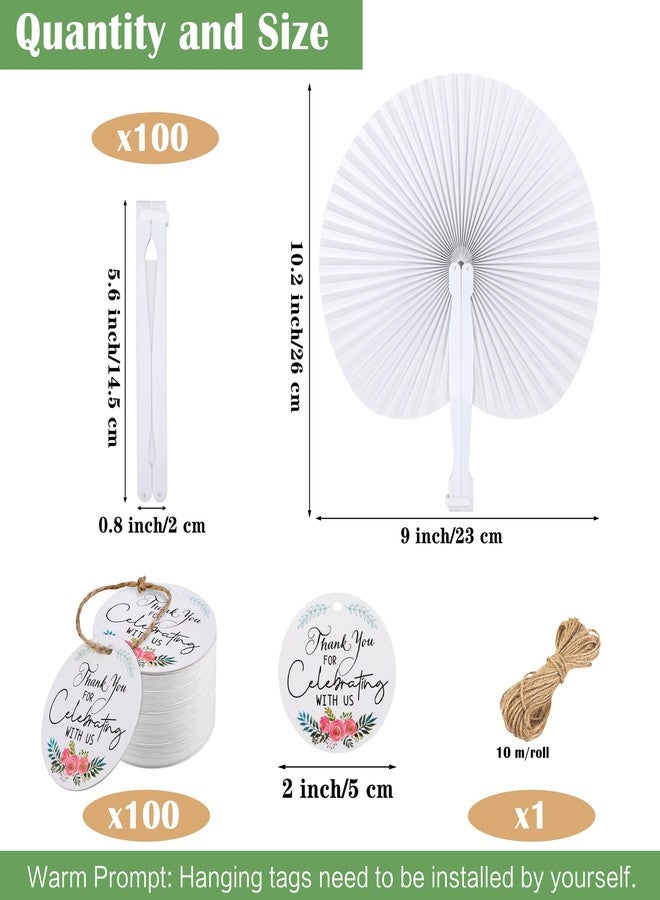 MCEAST 100 Pack White Folding Handheld Paper Fans with Tags, Round Shaped Wedding Paper Fans with Plastic Handle for Wedding Favor Celebration Birthday Party Bag Fillers - Image 2